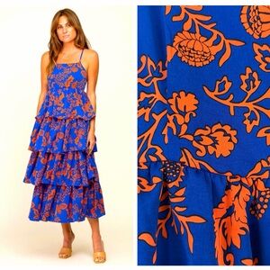 Entro Blue and Orange Floral Midi Dress